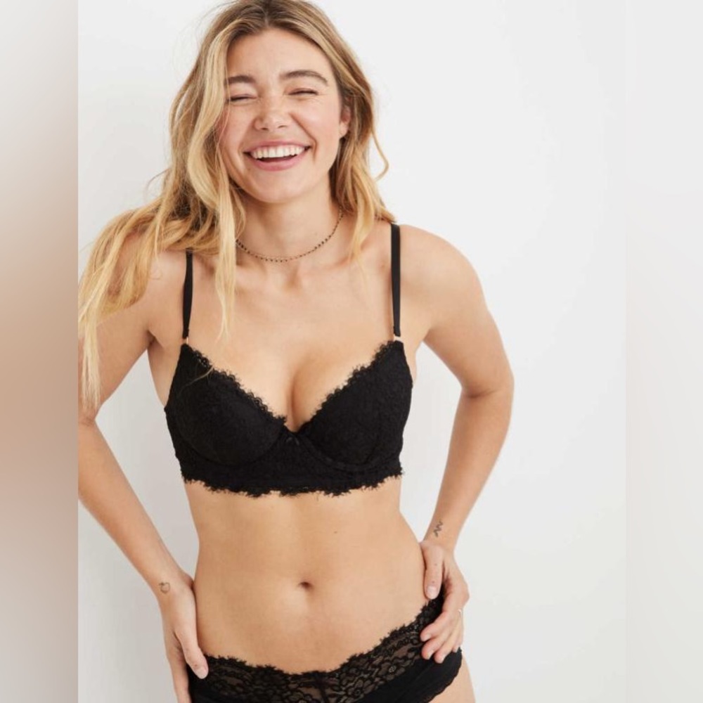 Aerie Eyelash lace push-up bra 34B NWOT black with rose gold accents